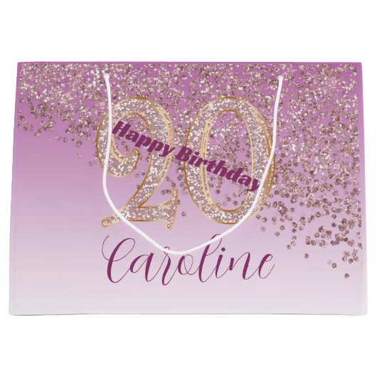 Pretty Falling Rose Gold Glitter 20th Birthday ラージペーパーバッグ (正面)