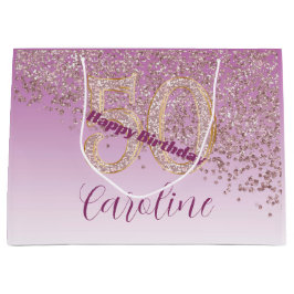 Pretty Falling Rose Gold Glitter 50th Birthday ラージペーパーバッグ