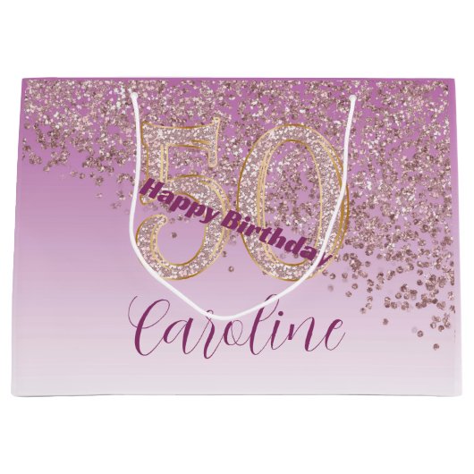 Pretty Falling Rose Gold Glitter 50th Birthday ラージペーパーバッグ (正面)