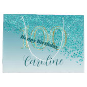 Pretty Falling Teal Blue Glitter 100th Birthday ラージペーパーバッグ (裏面)