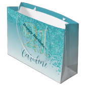 Pretty Falling Teal Blue Glitter 21st Birthday ラージペーパーバッグ (裏面アングル)