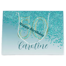 Pretty Falling Teal Blue Glitter 50th Birthday ラージペーパーバッグ