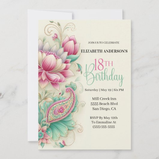 Pretty Fancy Paisley Flower 18th Birthday 招待状 (正面)