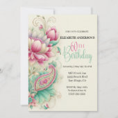 Pretty Fancy Paisley Flower 60th Birthday 招待状 (正面)