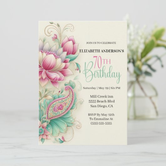 Pretty Fancy Paisley Flower 70th Birthday 招待状 (スタンド正面)
