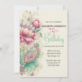 Pretty Fancy Paisley Flower 75th Birthday 招待状 (正面)