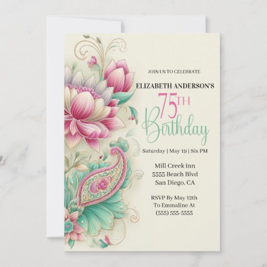 Pretty Fancy Paisley Flower 75th Birthday 招待状 (正面)