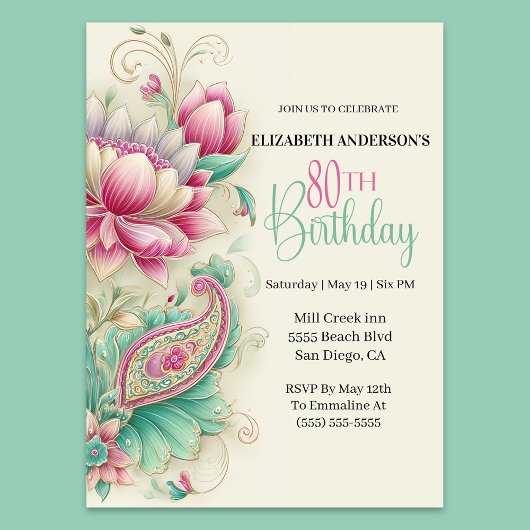 Pretty Fancy Paisley Flower 80th Birthday 招待状