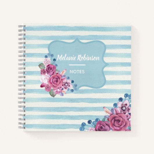Pretty Floral and Blue Stripes Personalised ノートブック (正面)