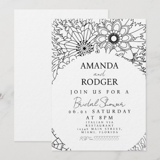 Pretty Floral Doodles Black White Bridal Shower 招待状 (正面/裏面)