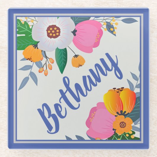 Pretty Floral Frame Personalised ガラスコースター (正面)