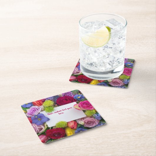 Pretty Floral Framed Roses Text Box Custom スクエアペーパーコースター (インサイチュ)