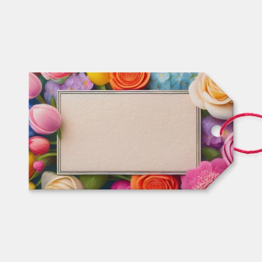 Pretty Floral Framed Roses Tulips Hydrangea ギフトタグ (正面(横))