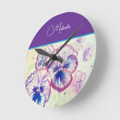 Pretty Floral Pastel Pansy Purple Watercolor  ラウンド壁時計 (傾斜)