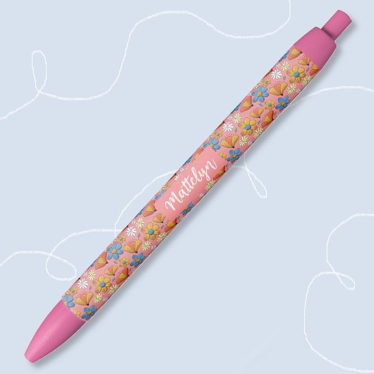Pretty Floral Pattern Pen with Name 黒ボールペン