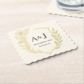 Pretty Floral Wedding Crest Monogram Laurel Wreath ペーパーコースター (アングル)