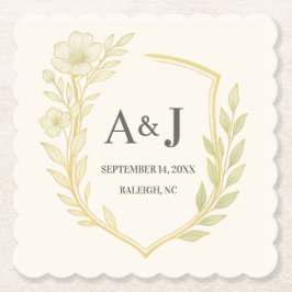 Pretty Floral Wedding Crest Monogram Laurel Wreath ペーパーコースター