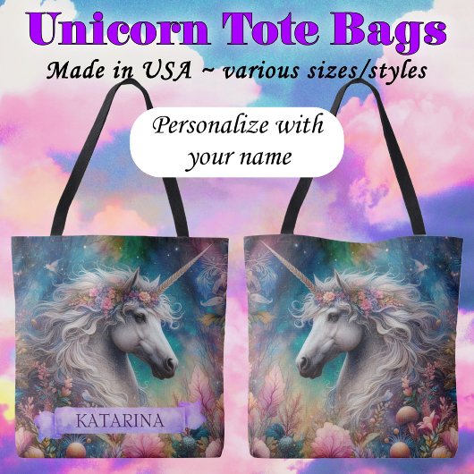 Pretty Floral Whimsical Unicorn Custom Name トートバッグ