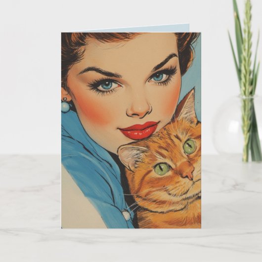 PRETTY GIRL WITH CAT BIRTHDAY RETRO GREETING CARD カード (正面)