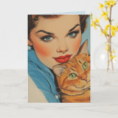 PRETTY GIRL WITH CAT BIRTHDAY RETRO GREETING CARD カード (黄色い花)