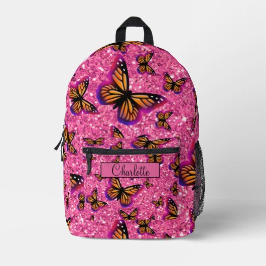 Pretty Girly Butterflies pink glitter sparkling  プリントバックパック (正面)