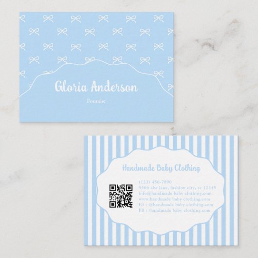 Pretty Girly Feminine Blue White Bow Stripes 名刺 (正面/裏面)