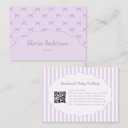 Pretty Girly Feminine Purple White Bow Stripes 名刺 (正面/裏面)