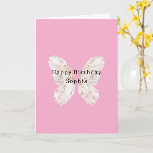 Pretty Girly Pink Butterfly Wings Birthday カード (黄色い花)