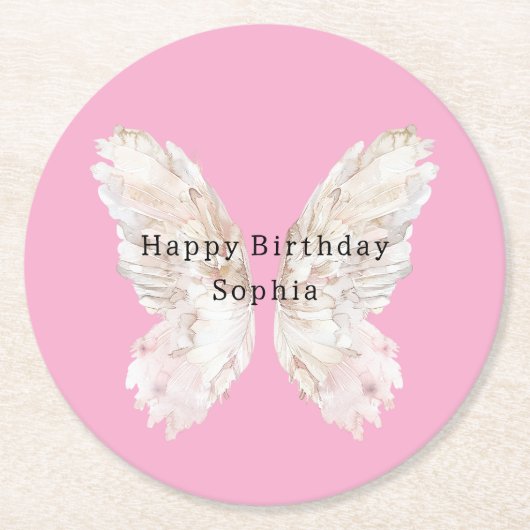 Pretty Girly Pink Butterfly Wings Birthday ラウンドペーパーコースター (正面)