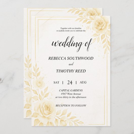 Pretty Gold and White Wedding Invitation 招待状 (正面/裏面)