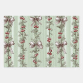 Pretty Green Toile Christmas Berries And Bows ラッピングペーパーシート (正面)