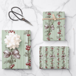 Pretty Green Toile Christmas Berries And Bows ラッピングペーパーシート