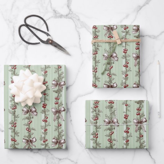 Pretty Green Toile Christmas Berries And Bows ラッピングペーパーシート (正面)