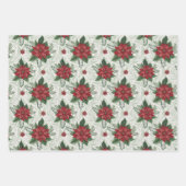 Pretty Green Toile Red Christmas Flower Pattern ラッピングペーパーシート (正面3)