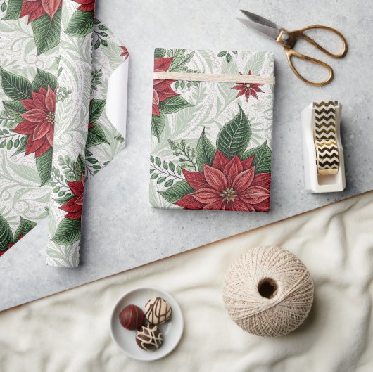 Pretty Green Toile Red Christmas Flower Pattern ラッピングペーパー (クラフト)