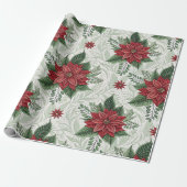 Pretty Green Toile Red Christmas Flower Pattern ラッピングペーパー (アンロールド)