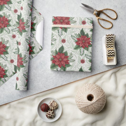 Pretty Green Toile Red Christmas Flower Pattern ラッピングペーパー (クラフト)