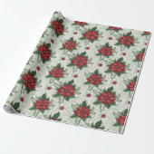 Pretty Green Toile Red Christmas Flower Pattern ラッピングペーパー (アンロールド)