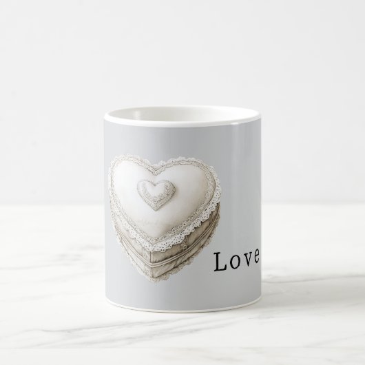 Pretty Grey Faux Lace White Heart コーヒーマグカップ (中央)