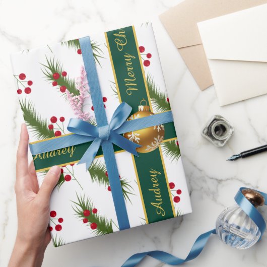 Pretty Holly Christmas Wrapping Paper with Text ラッピングペーパー (ギフト)