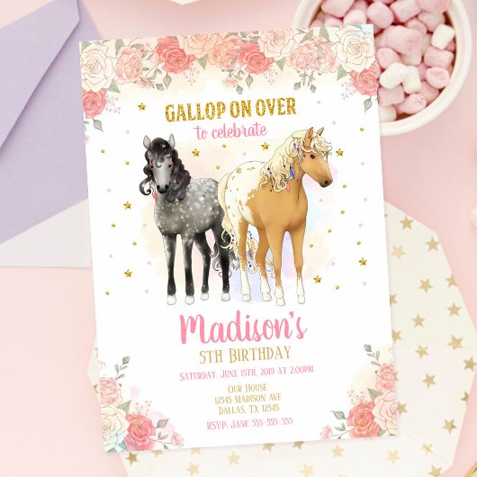 Pretty Horses and Flowers バースデー招待状 招待状