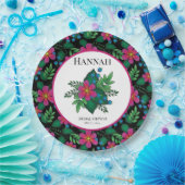 Pretty Hot Pink Floral on Black ペーパープレート (パーティー)