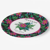 Pretty Hot Pink Floral on Black ペーパープレート (アングル)