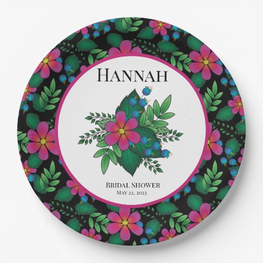 Pretty Hot Pink Floral on Black ペーパープレート (正面)