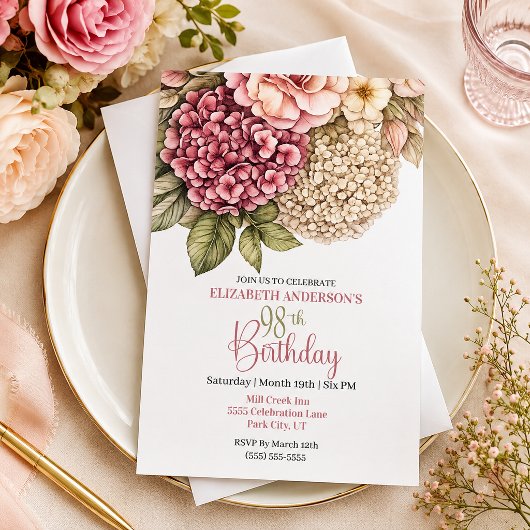 Pretty Hydrangea Rose 98th Birthday 招待状