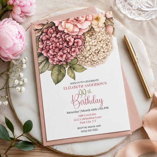 Pretty Hydrangea Rose 99th Birthday 招待状