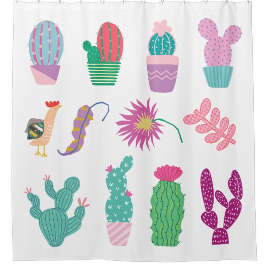 Pretty illustrations cactus Pattern pink green シャワーカーテン (正面)