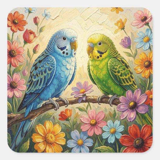 Pretty Impasto Blue and Green Parakeets   スクエアシール (正面)