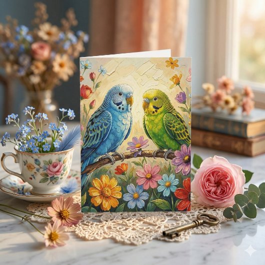 Pretty Impasto Parakeets | Happy Birthday カード