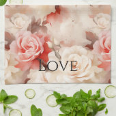 Pretty in Pink ブラッシュクリーム ローズ フローラル キッチンタオル (折り畳み)